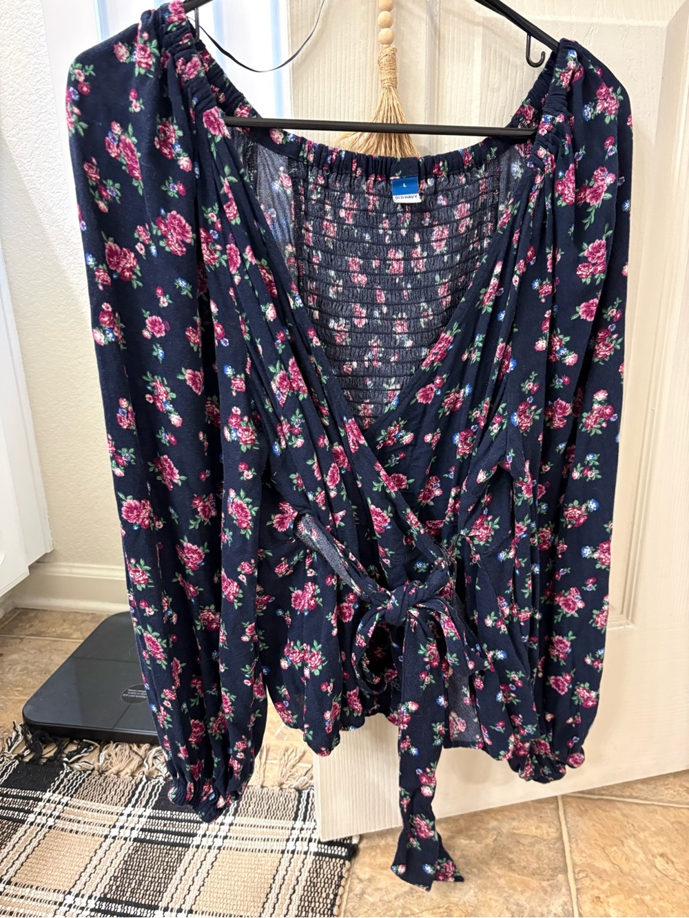 Old Navy Navy Floral Wrap Blouse with Pink Rose Accents